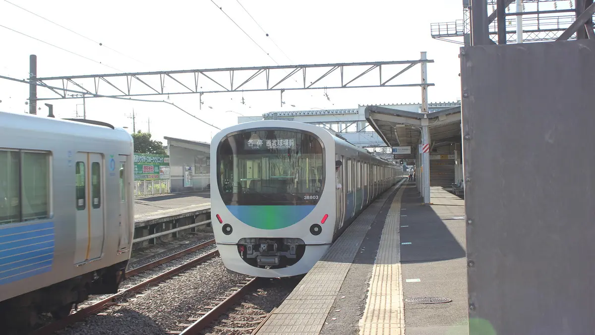 Seibu Sayama Line 30000 series train departing Nishi-Tokorozawa Station